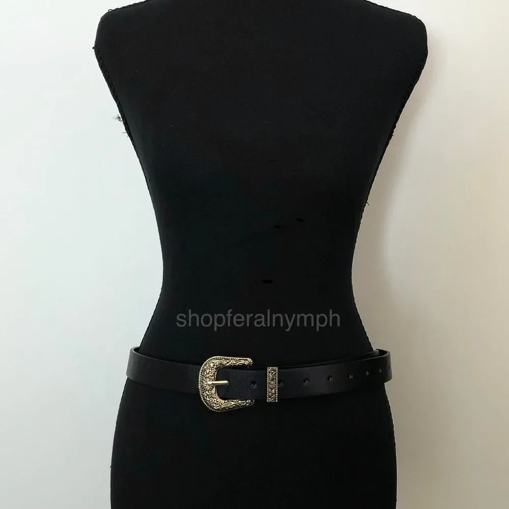 Y2K Coastal Cowgirl Black Gold Ornate Buckle Belt, 36–43.5 Inches, X7GA1136